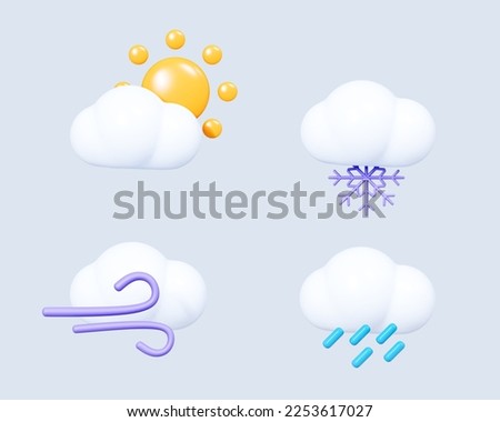 3D Weather set icon. Cloud with sun, snowflake, wind and rain. Cloudy weather. Meteo forecast graphic symbol for app and web. Cartoon creative design icon isolated on blue background. 3D Rendering