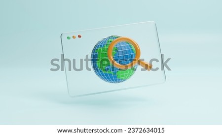 3d web browser with a globe and magnifying glass icon, Search technology concept. Global network. internet exploring. web searching. Website development,dashboard usability optimization. 3d rendering