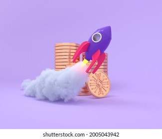 3D Web Technology Elements. Rocket Key On Start Business Management And Commercial Facilities From Money Trading. Like E-commerce Coin Icons. 3d Render Illustration