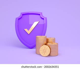 3D Web Technology Elements. 
Shield With Money On Protect Platform.
Management And Commercial Facilities From Money Trading. Like E-commerce Coin Icons. 3d Render Illustration