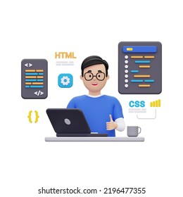 3d Website developer working on laptop illustration