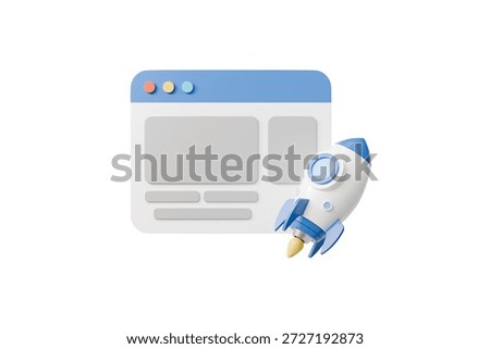 3d website with rocket icon. website launch concept. minimal cartoon browser window rocket for product launch web marketing. isolated on white transparent background. 3d render.