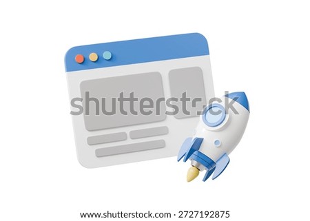 3d website with rocket icon. website launch concept. minimal cartoon browser window rocket for product launch web marketing. isolated on white transparent background. 3d render.