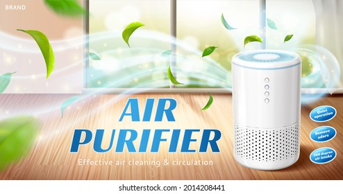 3d White Air Purifier Machine For Home. Fresh Air Flows Out Of Air Cleaner Appliance In Living Room Space