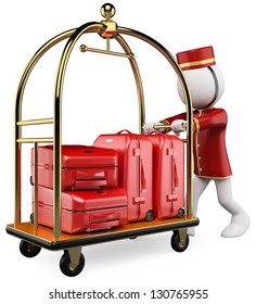 3d White Bellhop Pushing A Luggage Cart. 3d Image. Isolated White Background.