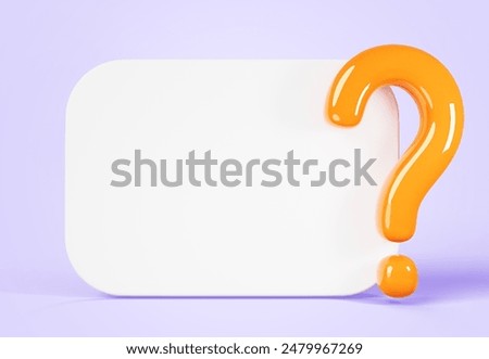 3d white board with question mark icon on purple background render. Quiz game banner frame, blank rectangle whiteboard template with yellow faq sign and empty space for answer, text. 3D Illustration