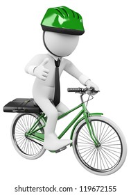 3d White Business Person Going To Work In A Green Bicycle With Safety Helmet. 3d Image. Isolated White Background.