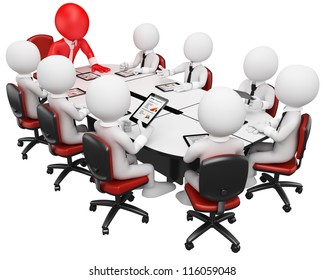 3d White Business Person In A Meeting With Tablet Computer. 3d Image. Isolated White Background.