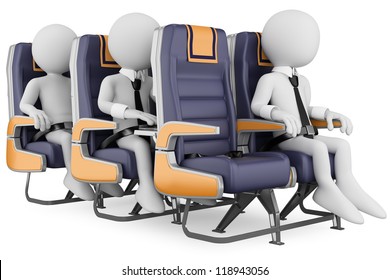 3d White Business Persons In A Plane With The Seat Belt Fastened, One Working With A Laptop. 3d Image. Isolated White Background.