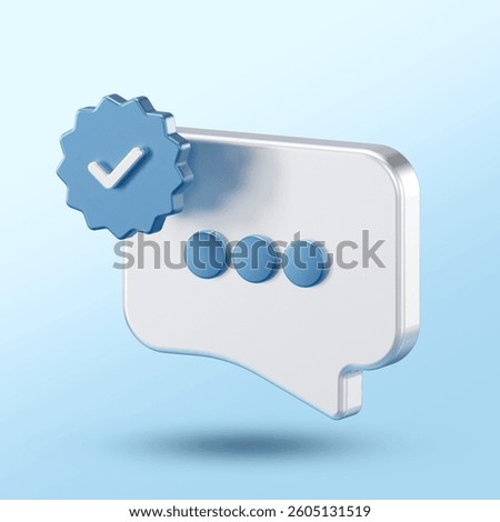 3D white chat bubble with blue typing dots and a verification badge, floating on a light blue background. Represents verified messaging, secure chat, or authenticated communication.