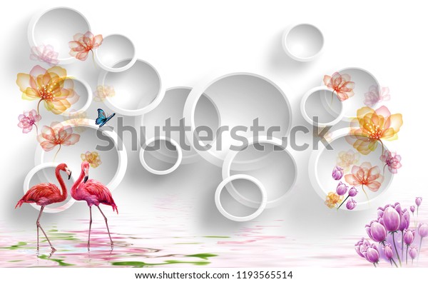 3D White circle with two ducks, 3d rendering nature themed wallpaper mural. .