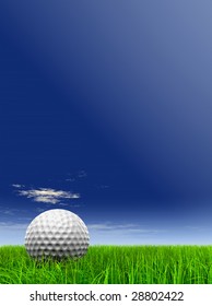 3d white golf ball in green grass on a blue sky with clouds background, for sport, recreation, or golf play designs