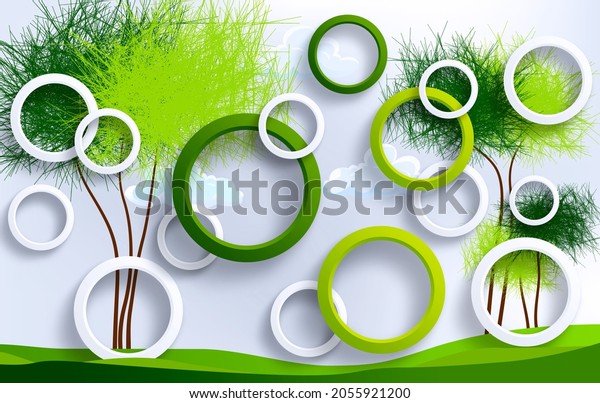 3D white and green circles green tree background