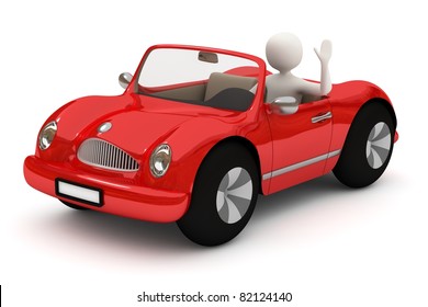 3d white man driving, going with red car, waving with raised hand