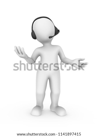 3d white man with headset in support center. 3d rendered illustration with small people.