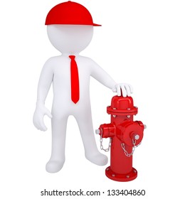 3d white man next to a fire hydrant. Isolated render on a white background