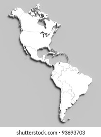 3d white map of south and north american countries on grey isolated