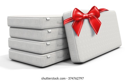 3d White Mattress Stack  With Red Bow On White Background