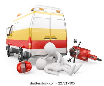 3d white people. Ambulance caring for an motorcyclist has had an accident. Isolated white background.