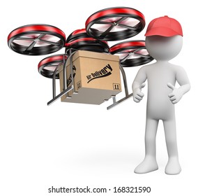 3d White People.Air Drone Parcel Delivery Service.Isolated White Background. 