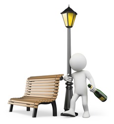 3d White People. Drunk Hugging A Lamppost With A Bottle Of Champagne. Isolated White Background.