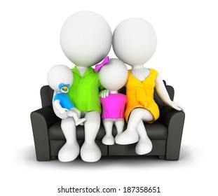 3d white people family sitting on sofa, isolated white background, 3d image