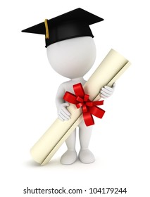 3d white people graduate, with a diploma certificate and a black mortarboard, isolated white background, 3d image