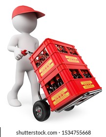3d white people illustration. Man carrying beer crates. Isolated white background. 