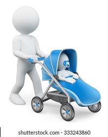 3d White People. Man Pushing A Baby Stroller. Isolated White Background.