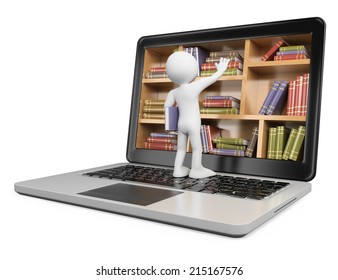 3d White People. New Technologies. Digital Library Concept. Laptop. Isolated White Background.