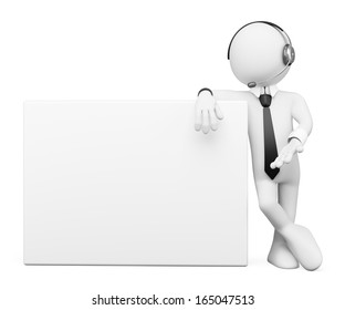 3d white people. Operator with a blank poster. Isolated white background.  - Powered by Shutterstock