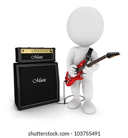 3d White People Playing Red Electric Guitar Near An Amp, Isolated White Background, 3d Image