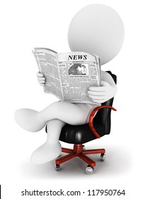 3d white people reading a newspaper, sitting on a leather chair, isolated white background, 3d image