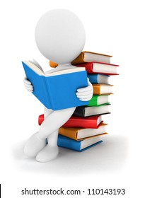 3d white people reads a book, leaning back against a pile of books, isolated white background, 3d image