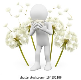 3d White People. Spring Allergies. Dandelion. Isolated White Background.