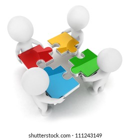 3d White People Team Assemble Four Color Piece Of A Puzzle, Isolated White Background, 3d Image