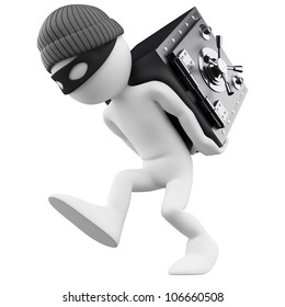 3d White Person. Bank Robber With A Safe On His Back. 3d Image. Isolated White Background.