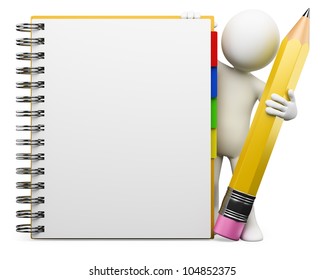 3d white person with blank spiral notepad and a pencil. 3d image. Isolated white background.