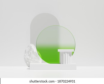 3D White Podium Display Background For Product Presentation. Pedestal, Pillar Platform With Round Neon Green Glass Frame  And Rock. White Stone With Arc Copy Space. Abstract 3d Render Advertisement