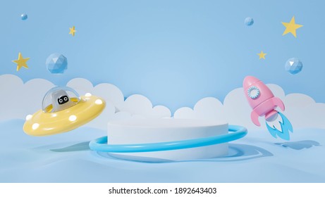 3d white podium on pastel blue background abstract. UFO with astronaut kid in space ship and rocket ship. 3d rendering for pedestal, display product and stage design. Creative ideas minimal design.