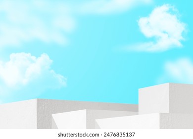 3D White Podium step stand against blue sky white clouds Backgrounds well Platform design Display summer Products for sale illustration 