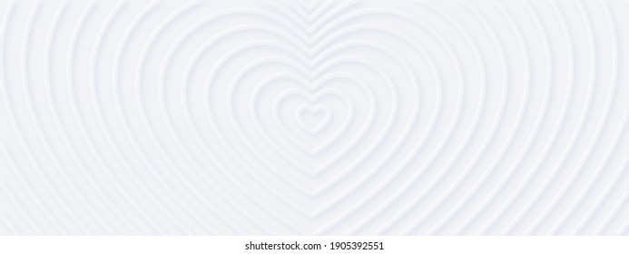 3d White Rippled Hearts With Soft Shadow On Light BG From Center. Abstract Elegant Seamless Pattern. Neumorphism Ui Style. Minimal Embossed Paper Wallpaper. Horizontal Background For Romantic Banner