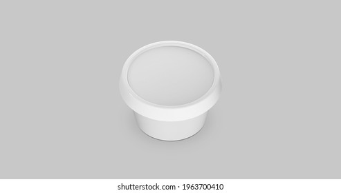 3D White Round Container For Cream, Butter, Melted Cheese Or Margarine Spread. Perspective View Isolated On Gray Background. Packaging Mockup Image.