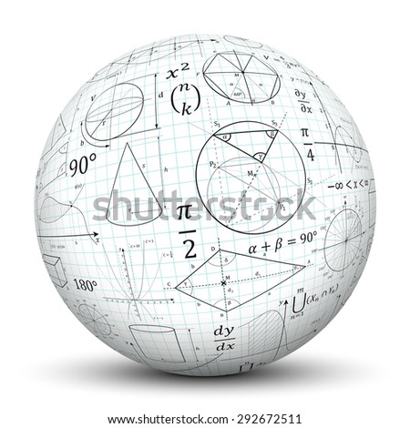 3D White Sphere with Smooth Shadow and Graph Paper Texture and Math Symbols - Isolated on White Background