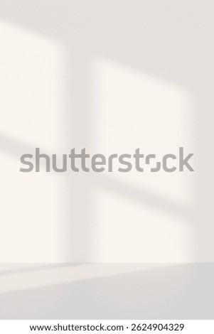 3D white studio room with a window shadow on the wall. Sunlight moves across the empty room. Background for product display, with space for text.