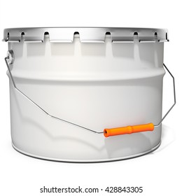 3d White Tub Paint, Bucket, Container With Metal Handle And Lid On White Background 3D Illustration