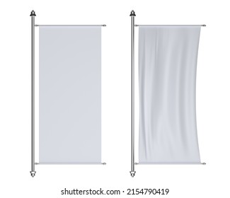 3D White Vinyl And Textile Banner In Wind, Ad Stands On Metal Poles. Vertical Rectangle Signboards, Fabric Promotion Posters. Blank Billboards Displays Isolated On Background, 3d Render Mockup Set