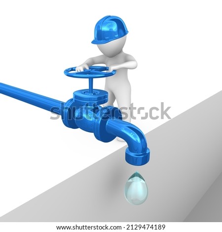 3d white worker opens a valve on an water pipe. 3d rendered illustration.