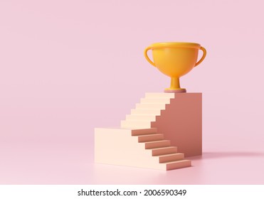 3D Winner Cup On Top Stair, Business Success Concept. 3d Render Illustration