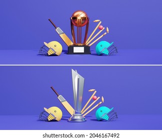 3D Winning Trophy Cup And Cricket Equipments On Blue Background In Two Option. Banner Or Header Design.